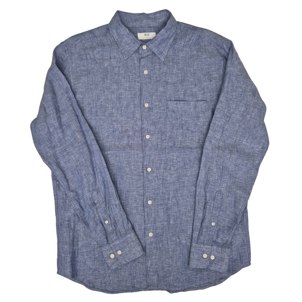 Uniqlo Mens Premium Linen Size L Long Sleeve Shirt Blue Vacation Beach Summer
